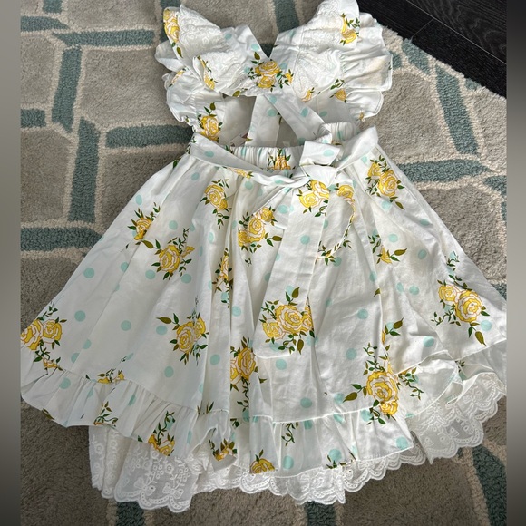 Girls Size 3T Serendipity Ruffle Dress, NWT, Yellow Roses/Blue Polka Dots - Picture 4 of 12